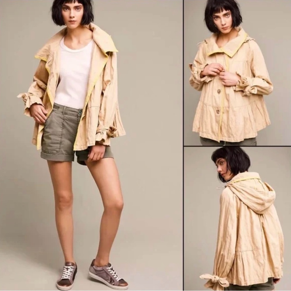 Anthro HeiHei Khaki Tiered Swing Neon Yellow Mesh Accented Tie Cuff Trench Coat